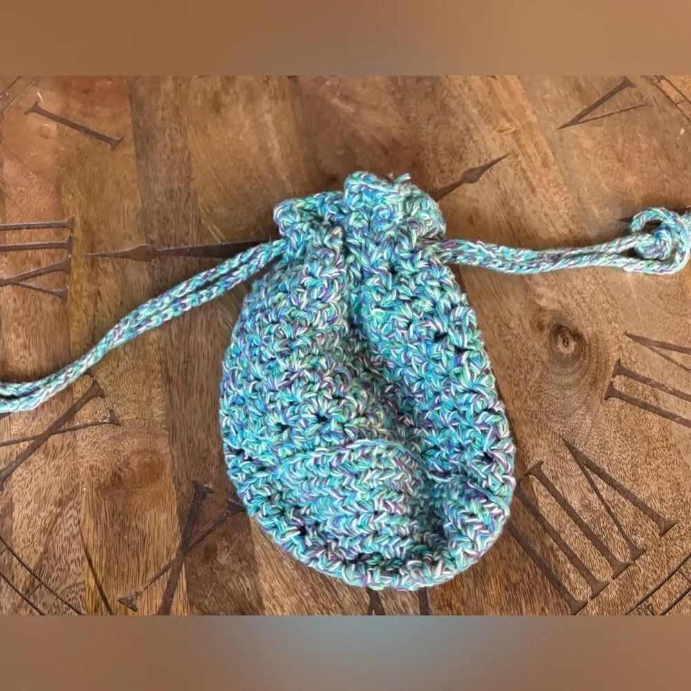 New! Handmade Crochet Blue Drawstring Bag